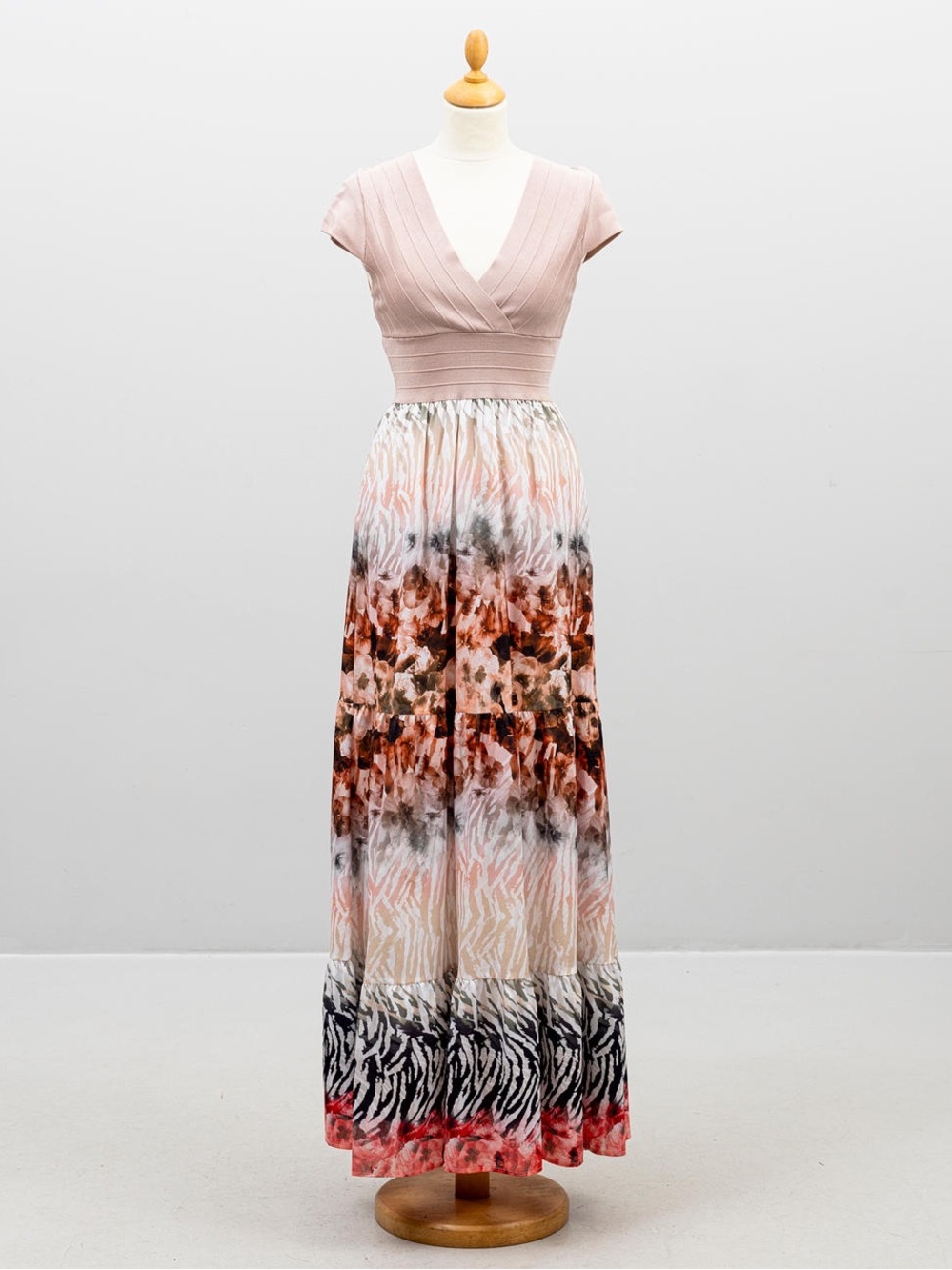 Bebe Y2K Bandage Bodice Tiered Satin Maxi Dress, Multi Zebra / Floral Print – S